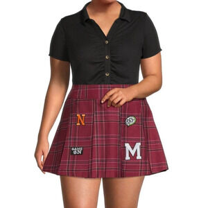 Red Plaid Skirt Pleated Patches 19 XXL No Boundaries Burgundy JUNIORS Punk Goth